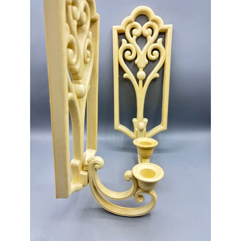 Vtg Homco Pair Ornate‎ Scroll Wall Sconces Cream Beige Candle Holder MCM